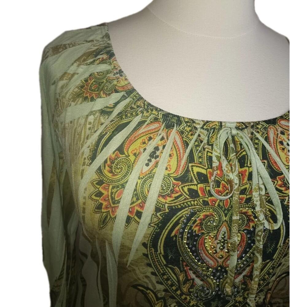 NWT SAINT TROPEZ WEST Womens 1X Boho Peasant Green Paisley Bling 3/4 Sleeve Top - Picture 2 of 12